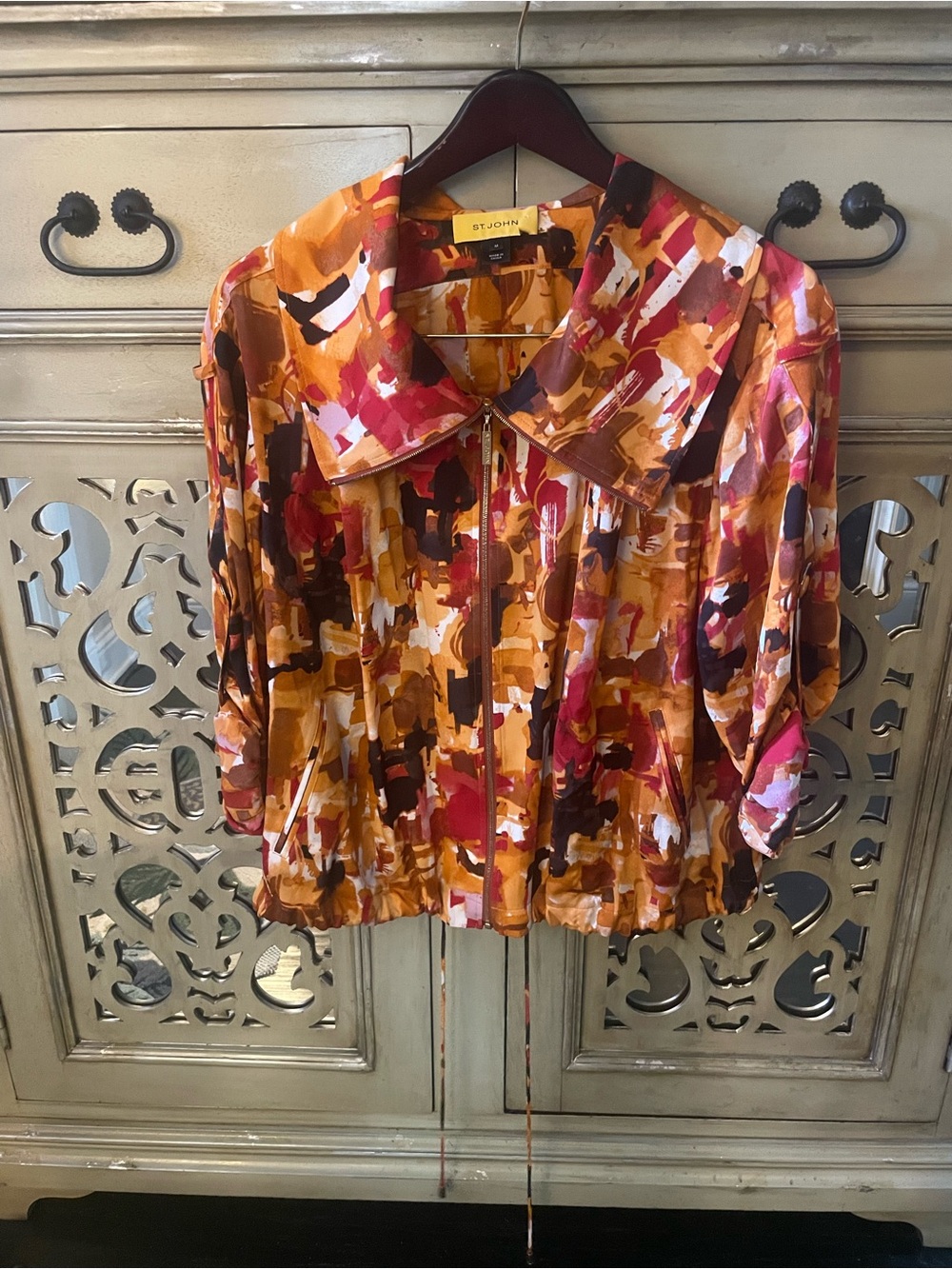 St. John Multicolor Abstract Zip-Front Top in Rust, Mustard & Pink